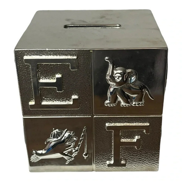Vintage Silver Alphabet Baby Block Bank Animals Letters 3" Square Cube - Picture 3 of 6